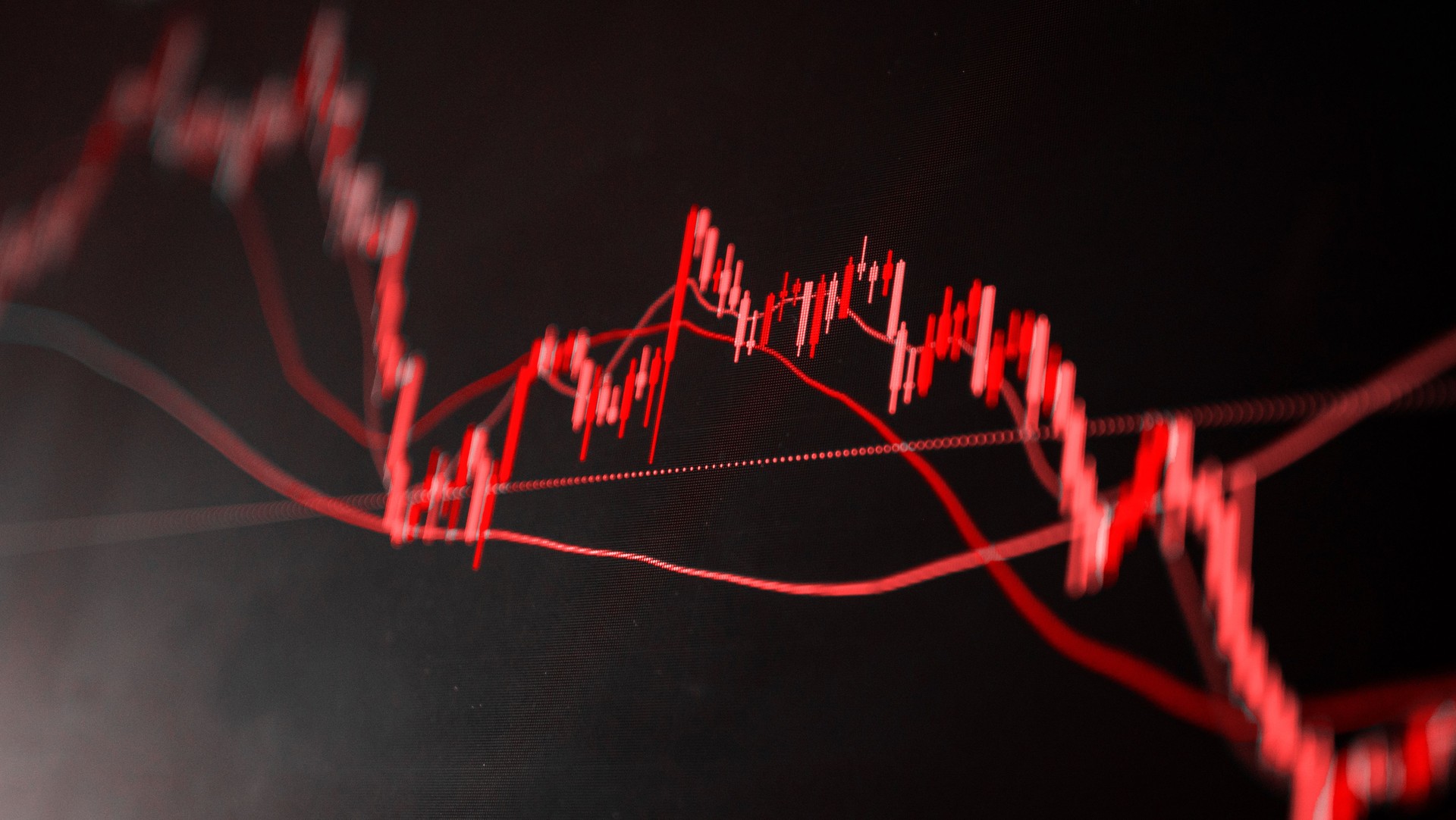 The red crashing market volatility of crypto trading with technical graph and indicator, red candlesticks going down without resistance, market fear and downtrend. Cryptocurrency background concept. TradingView